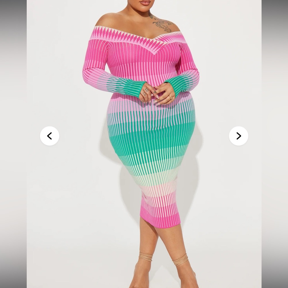 Fashion Nova Off-Shoulder Ombre Ribbed Midi Dress in Pink and Green